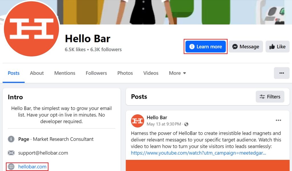 Hello Bar Facebook profile CTAs