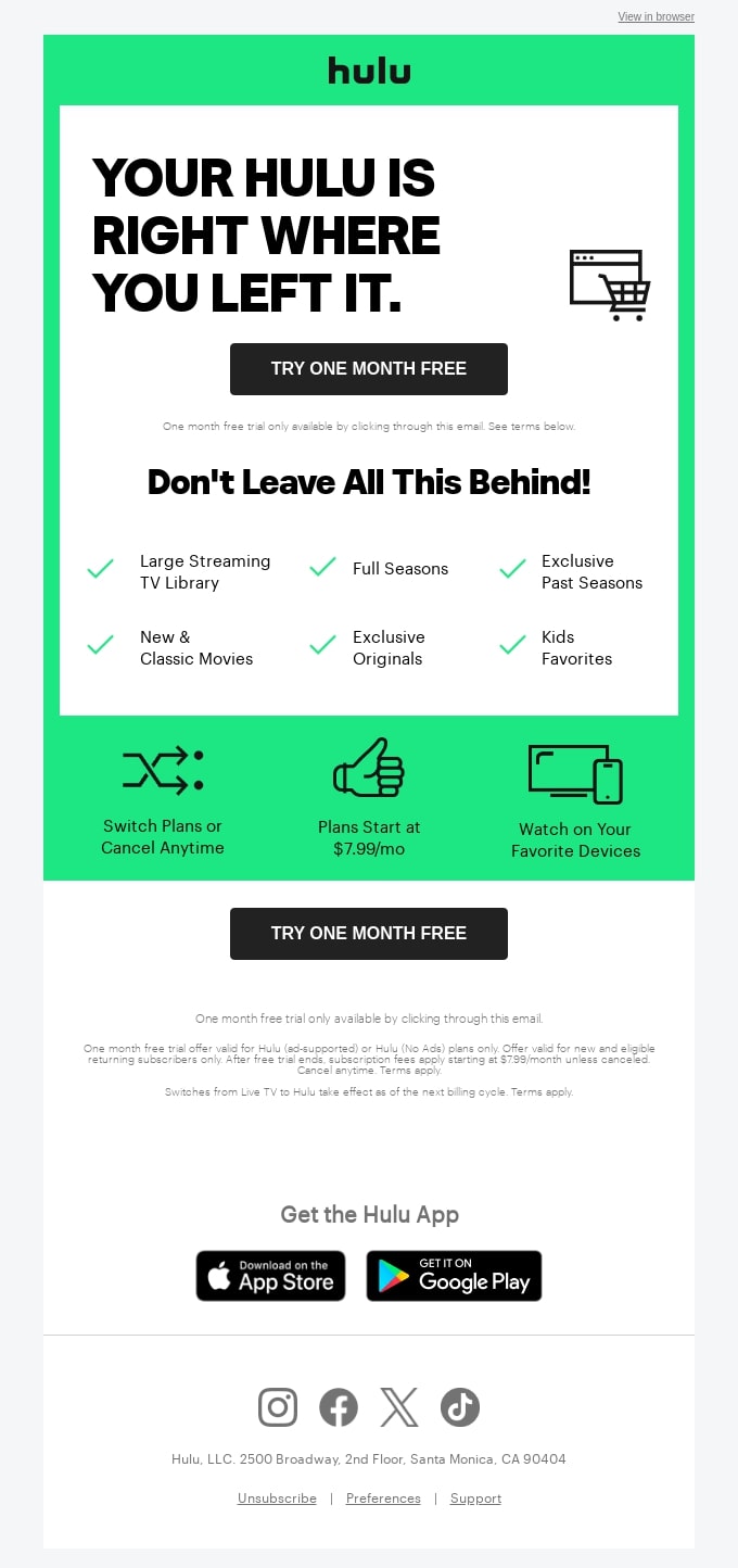 Hulu Abandoned Cart Email