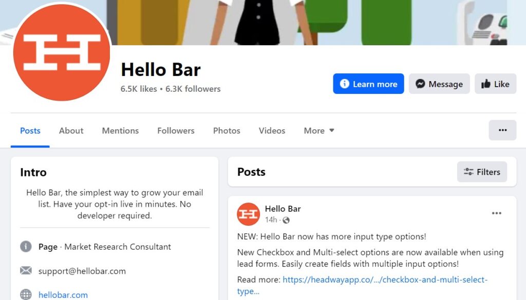 Hello Bar Facebook page