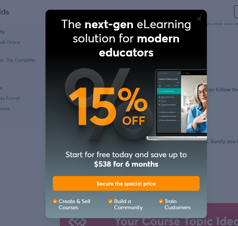 popups to sel courses