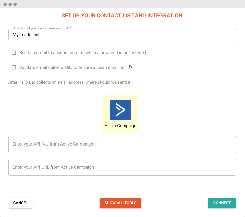 Hello Bar Active Campaign Integration Connection