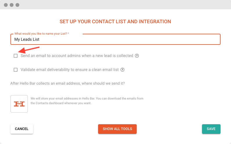 Hello Bar New Leads Email Option