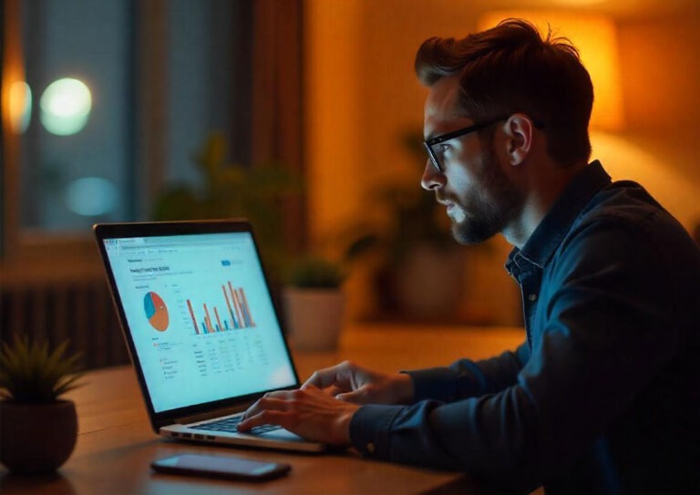 person looking at his laptop showing website analytics